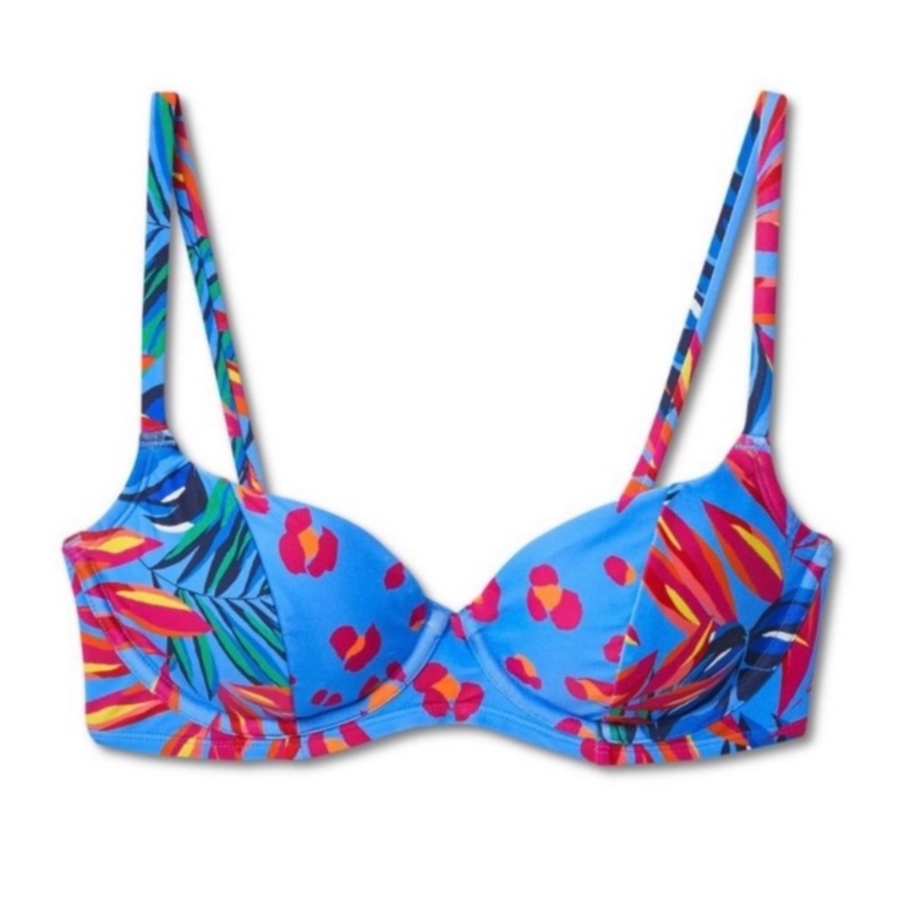 Blue Tropical Print Pattern Bikini Top